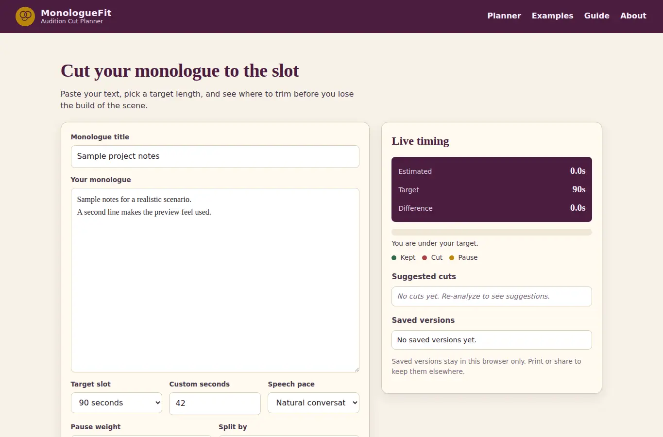 Screenshot of MonologueFit – Audition Cut Planner interface showing the project page in use
